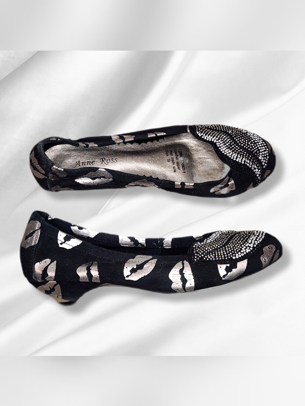 Black Leather Flats with Metallic Lip Print & Rhinestone Accent